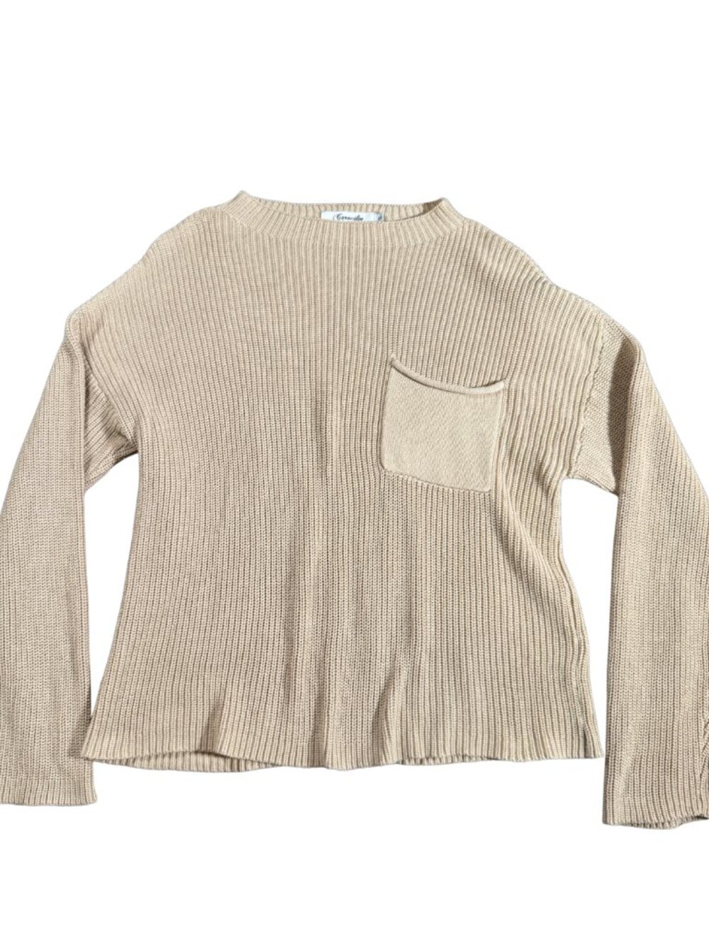 Caracilia Women's S Tan Ribbed Knit Sweater Crew Neck Chest Pocket